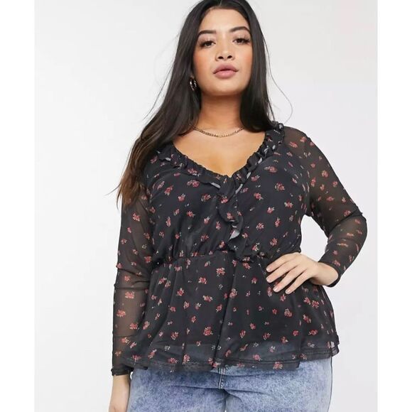 New Look NWT Black Sheer Layered Ruffle Top Peplum Blouse Wednesday Addams 14 - Picture 1 of 8